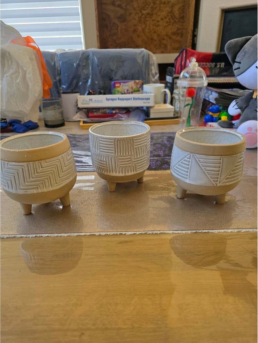 Set of 3 Handcrafted Geometric Pattern Ceramic Planters with Legs